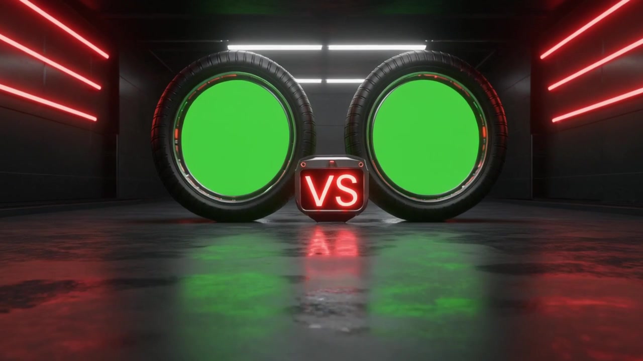 Due Pneumatici per Auto con Centri Green Screen in un Garage Futuristico