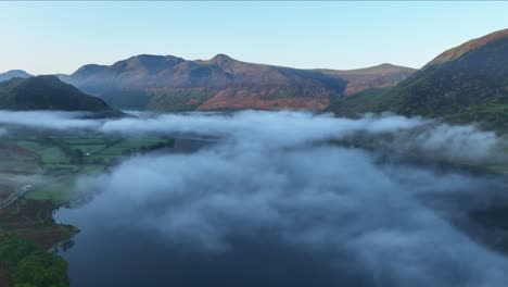 aerial view over a cloud inversion at crummock water, lake district, england