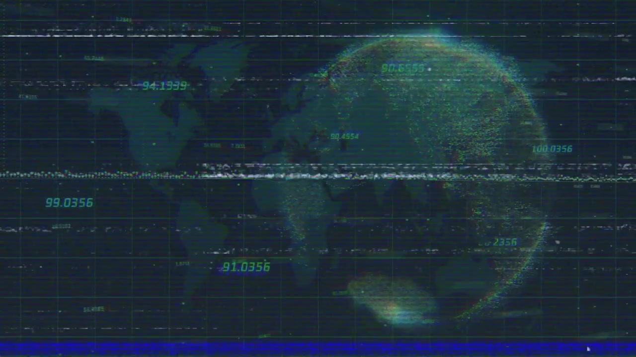 Falhas aumentando e depois diminuindo, fazendo um globo emergir girando ao lado de um mapa plano com rótulos numéricos.