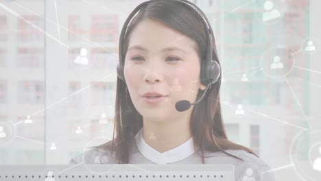 Animation-of-networks-of-connections-with-icons-over-businesswoman-using-phone-headsets