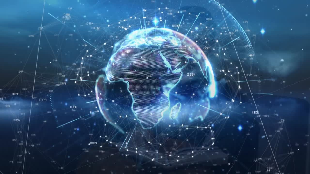 Animation of connections and globe over navy background with human silhouette