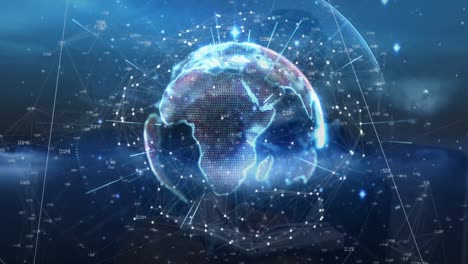 animation of connections and globe over navy background with human silhouette