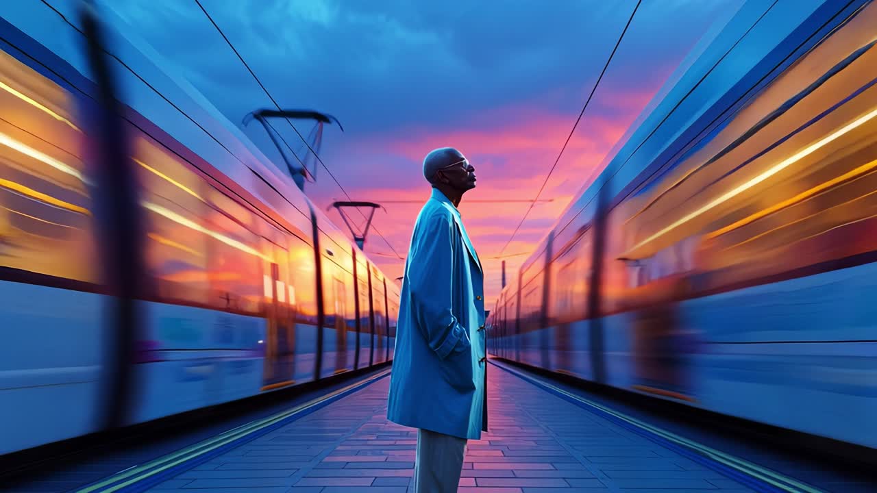 A solitary figure stands between two moving trains, silhouetted against a breathtaking sunset that casts vibrant colors across the sky, capturing a moment of stillness amidst the rush of travel