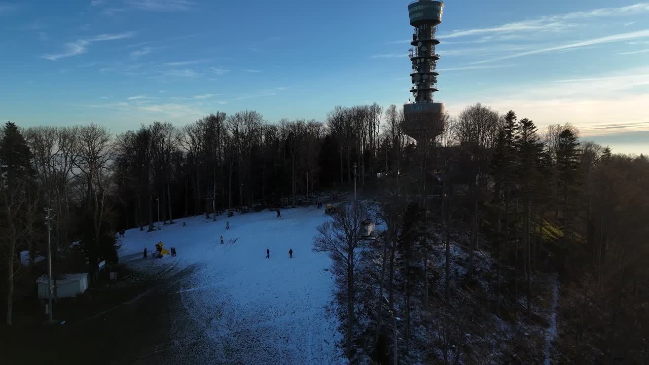 Aerial view of the top of Medvednica mountain in Zagreb in winter in 4k
