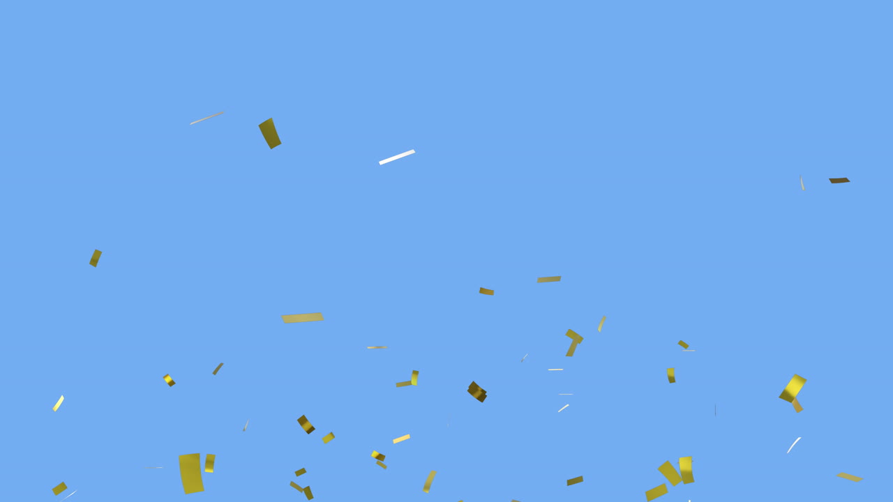 떠다니는 풍선과 청색 배경에 떨어지는 황금 콘페티  ⁇ 어리