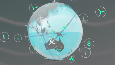 Animation-of-ecology-and-green-energy-icons-over-globe-and-airplanes