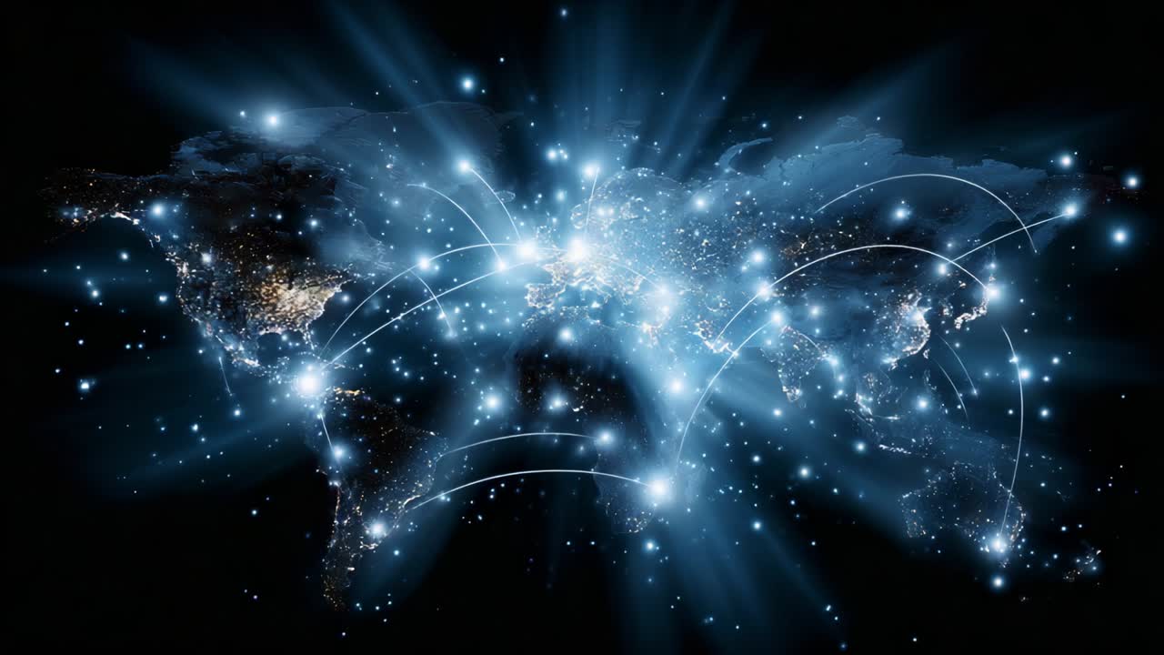 A Stunning Visual Representation of Global Connectivity and Communication Networks Illuminating the World at Night, Showcasing the Interconnectedness of Cities and Regions Through Luminous Lines and Bright Points