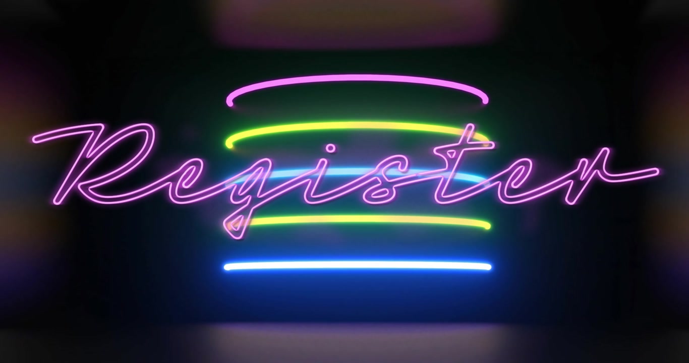 Powering Neon 'Register' and four bars lighting up, pulsing and filling to reveal call-to-action