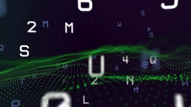 Animation of blue and white numbers and letters over moving green digital landscape