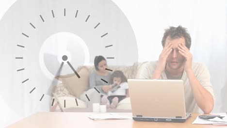 Animation-of-a-Caucasian-man-sitting-and-using-a-laptop-at-home