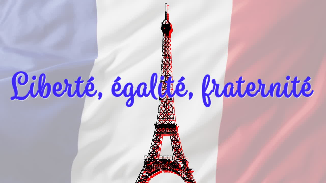 Animation of liberte, egalite, fraternite text with french flag and eiffel tower