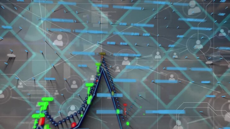 Animation of network of connections and world map over sky and digital interface