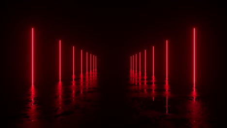 fondo futurista de ciencia ficción. luces de neón rojas brillando en una habitación con suelo de hormigón con reflejos de espacio vacío. alienígena, nave espacial, futuro, arco. progreso. animación 3d de bucle sin costuras.