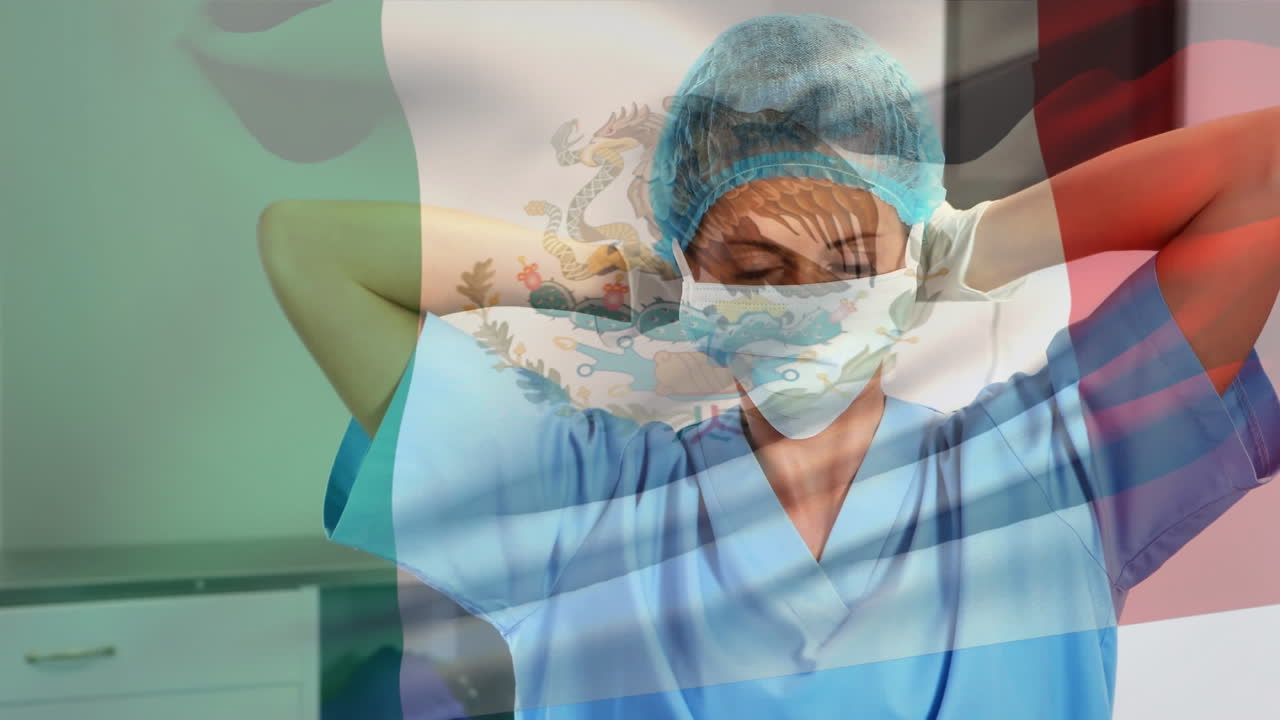 Animazione della bandiera del Messico che sventola sopra una dottoressa in ospedale