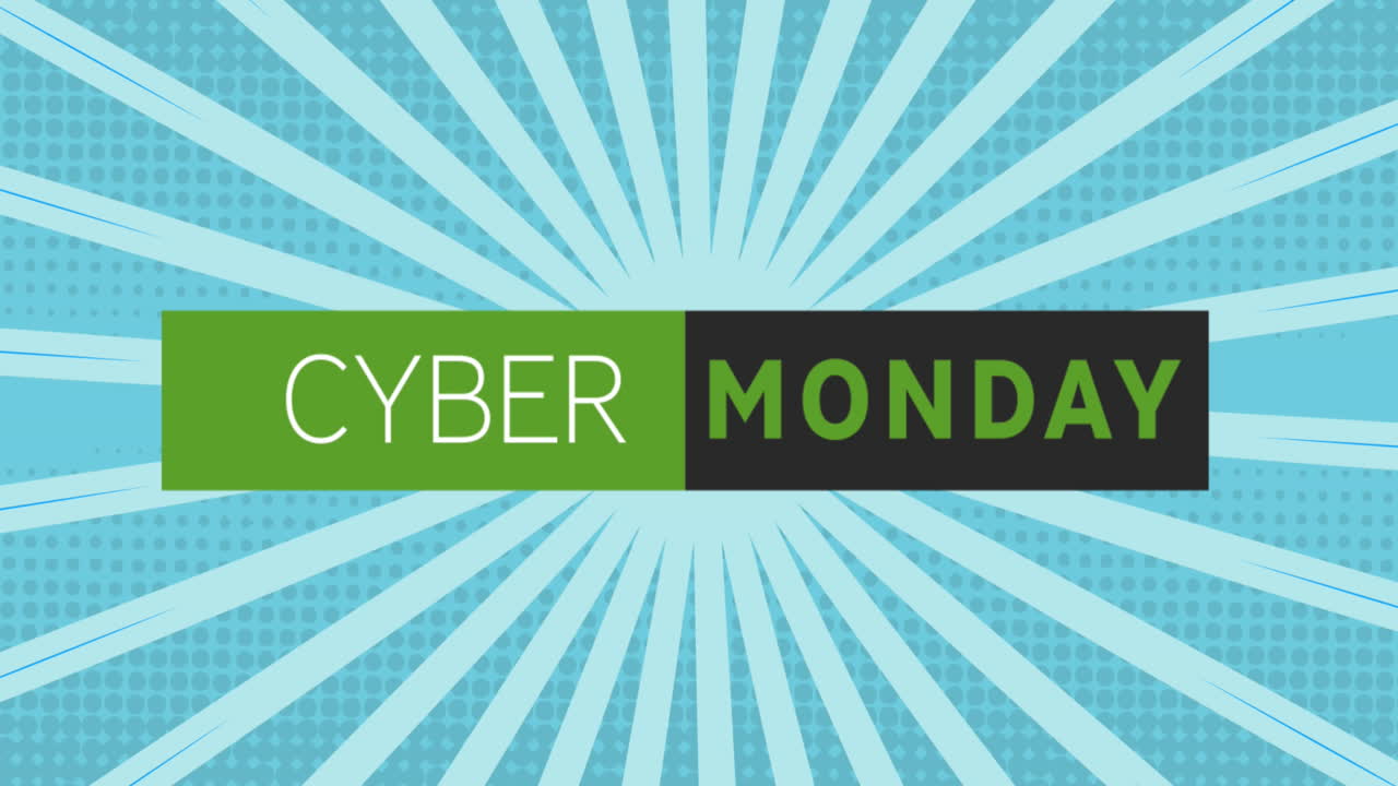 animación del texto de cyber monday en rectángulo con estallido de sol contra un fondo azul