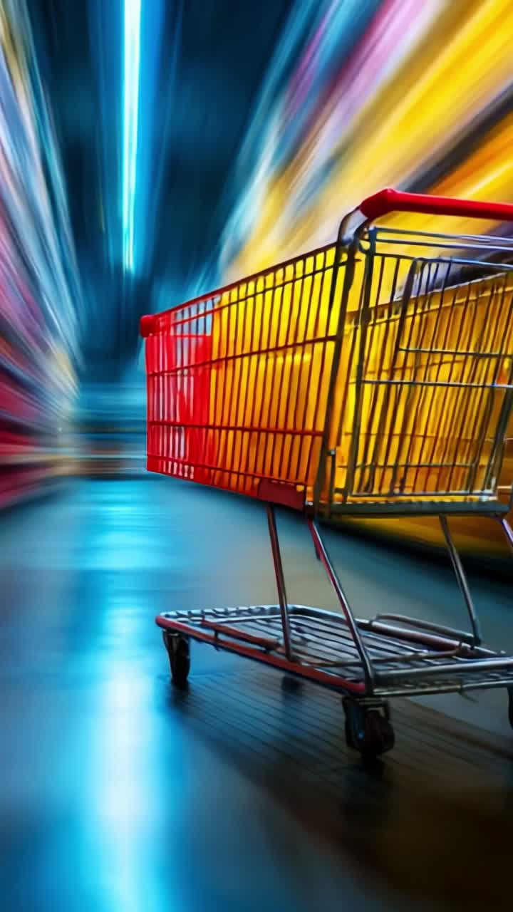 Dynamisk bevægelse af en indkøbsvogn i en farverig gang, der fanger essensen af detailoplevelsen og forbrugerkulturen i en sløring af farver og lys