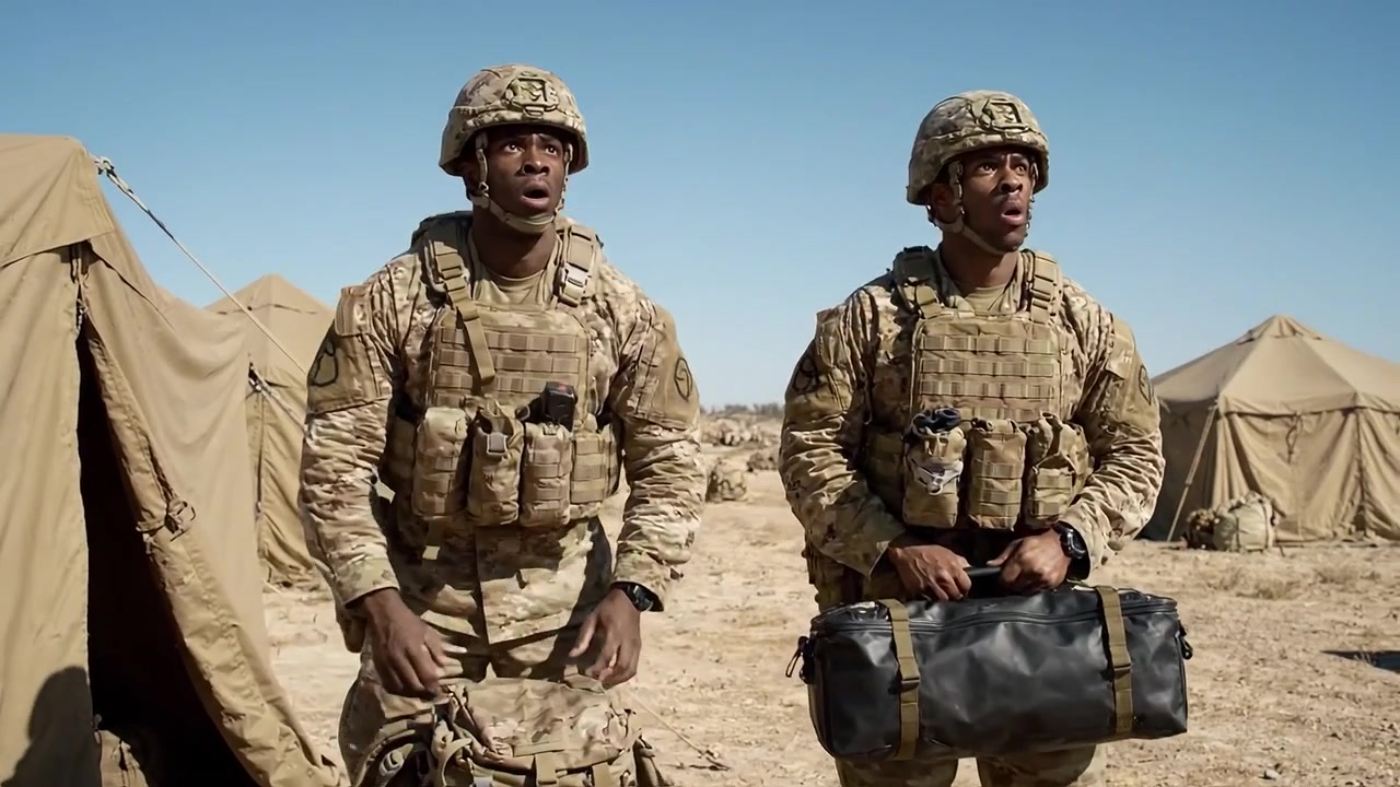 Militari che coordinano il controllo dell'equipaggiamento e le procedure di dispiegamento in un ambiente desertico con tende militari per operazioni tattiche.