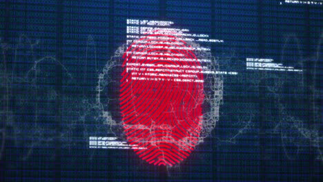 animación de la red de conexiones con huellas dactilares biométricas, cerebro humano y procesamiento de datos