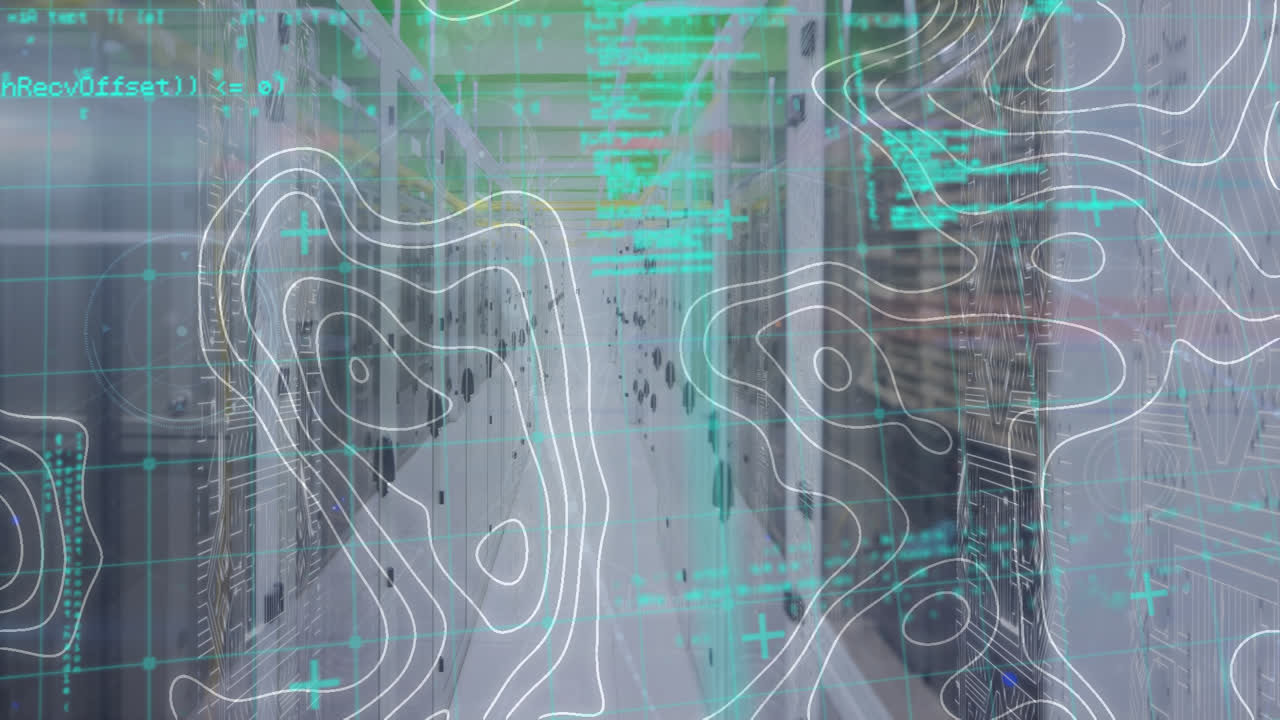 animación de microprocesador con patrones abstractos y códigos de programación en la sala del servidor