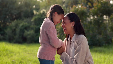 smile, care and mother with daughter in park