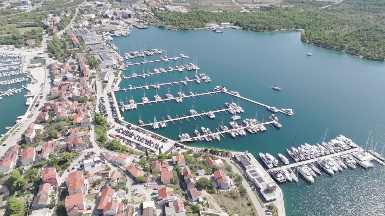 Majestic marina of Sibenik city, aerial panoramic view