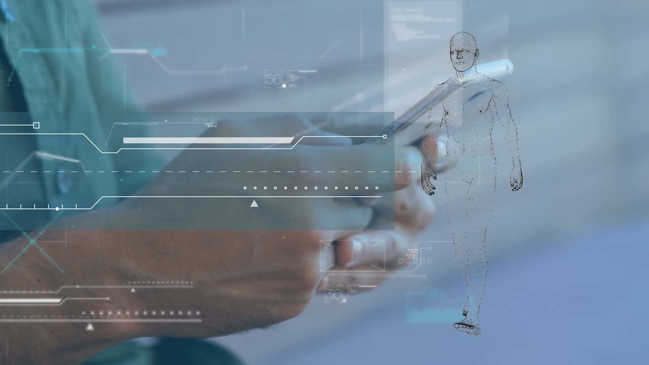 스마트 폰을 사용하는 두 인종 남성에 대한 데이터 처리 및 디지털 인간 애니메이션