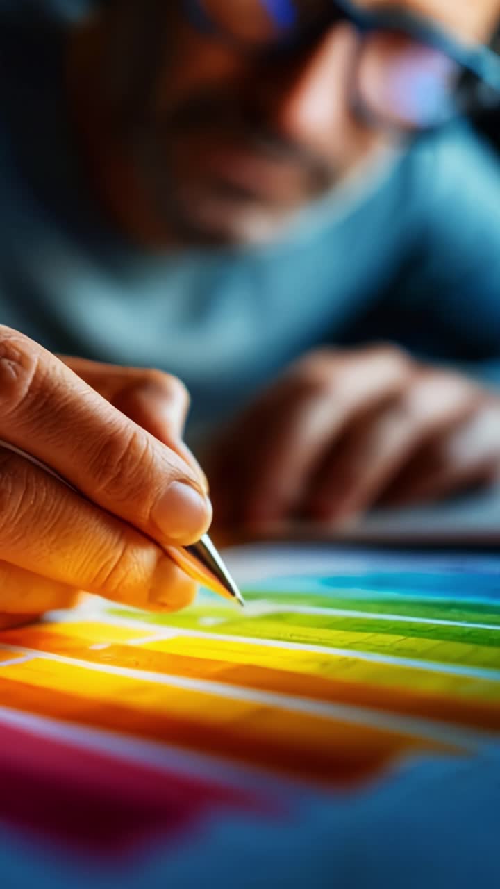 Creative Process Captured: An Artist Delicately Applying Color with a Pencil While Focusing on a Vibrant Rainbow Palette in an Engaging Art Session