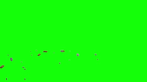 mixed rock and brick pieces appearing from top left side of the screen and scattering on imaginary flat surface, green screen background, animation overlay for chroma key blending option