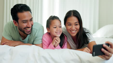 Family,-morning-and-happy-in-bed-for-a-selfie