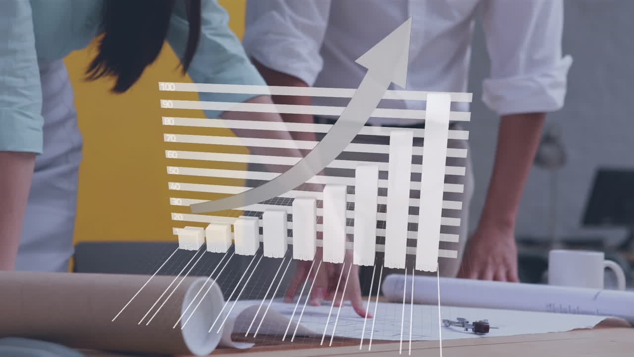 procesamiento de datos estadísticos en la sección media de un hombre de negocios y una mujer de negocios discutiendo un plan