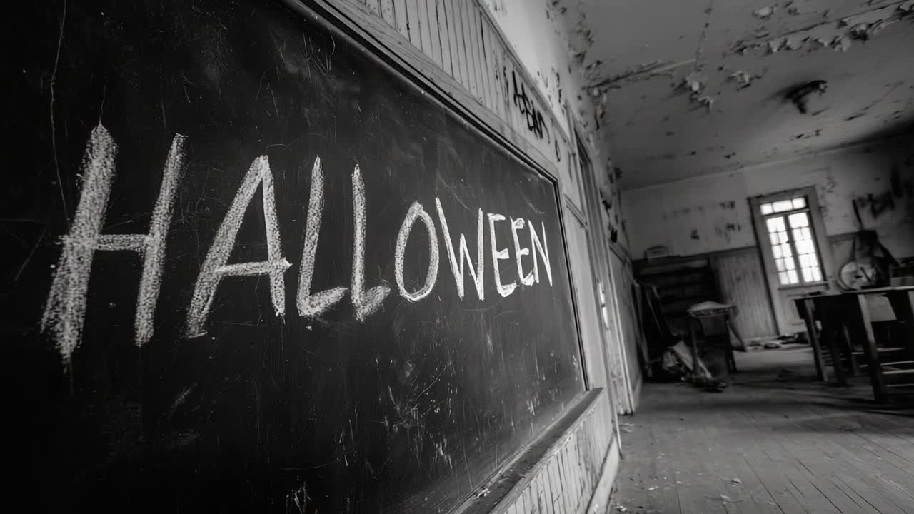 Spooky, abandoned classroom with peeling paint and old desks, featuring the word Halloween handwritten in chalk on a blackboard, creating a scary and mysterious atmosphere for the holiday