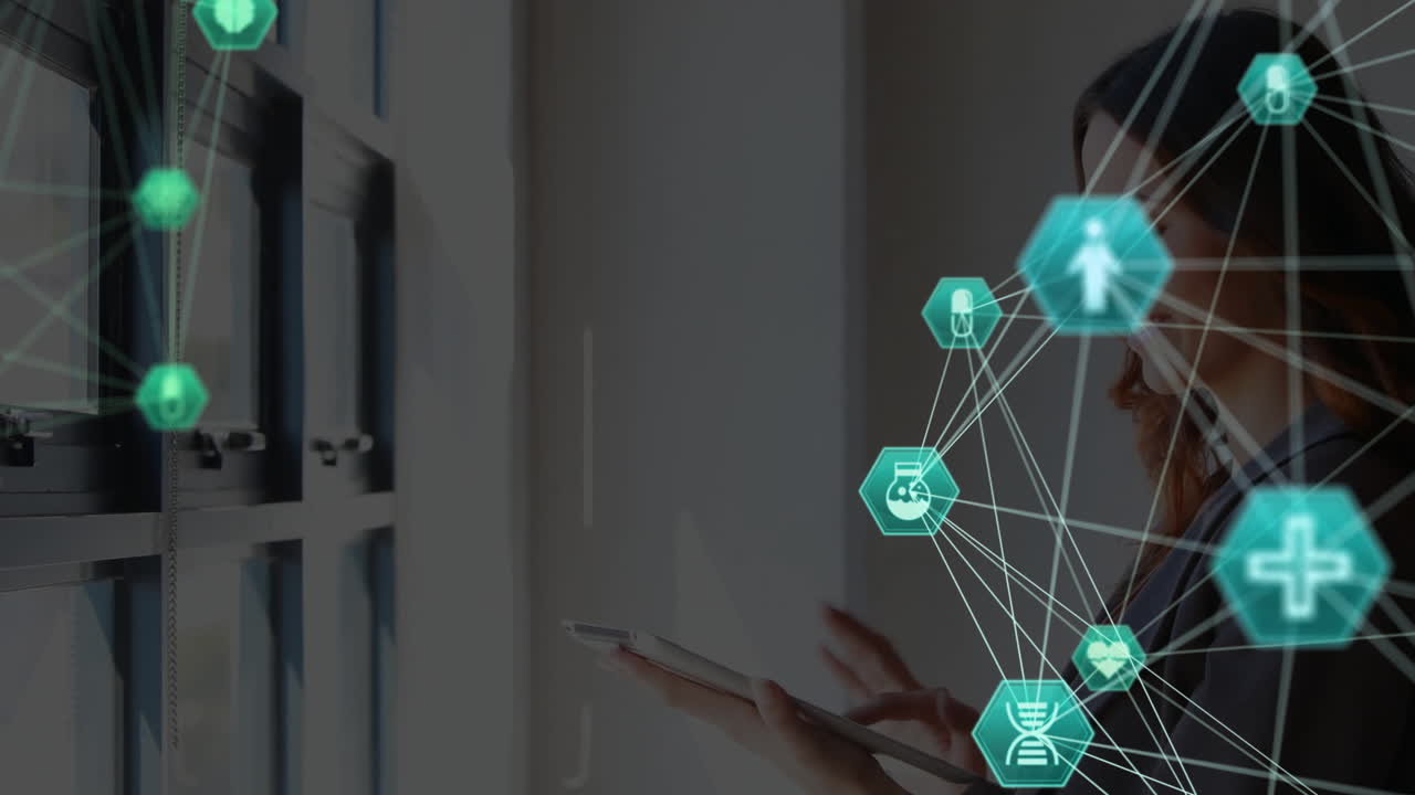 Animation of network of connections with icons over caucasian businesswoman using tablet