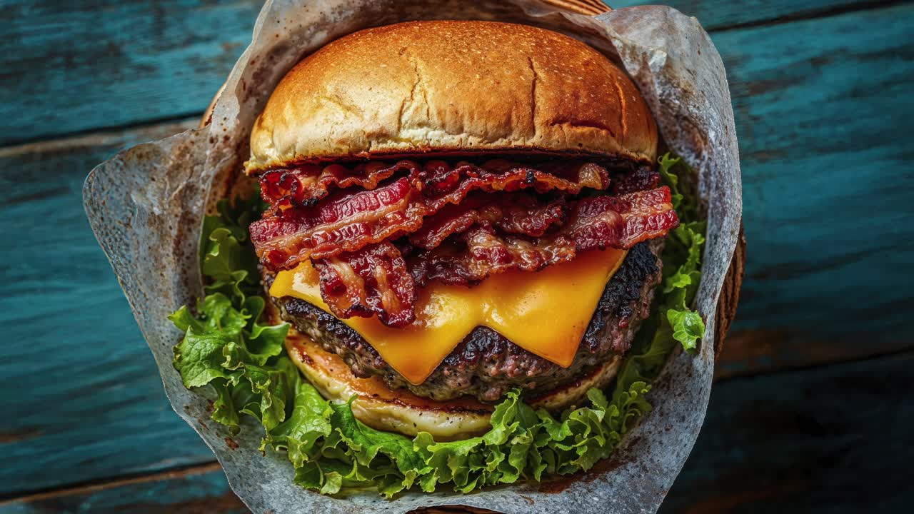 un primer plano de una jugosa hamburguesa de queso con tocino