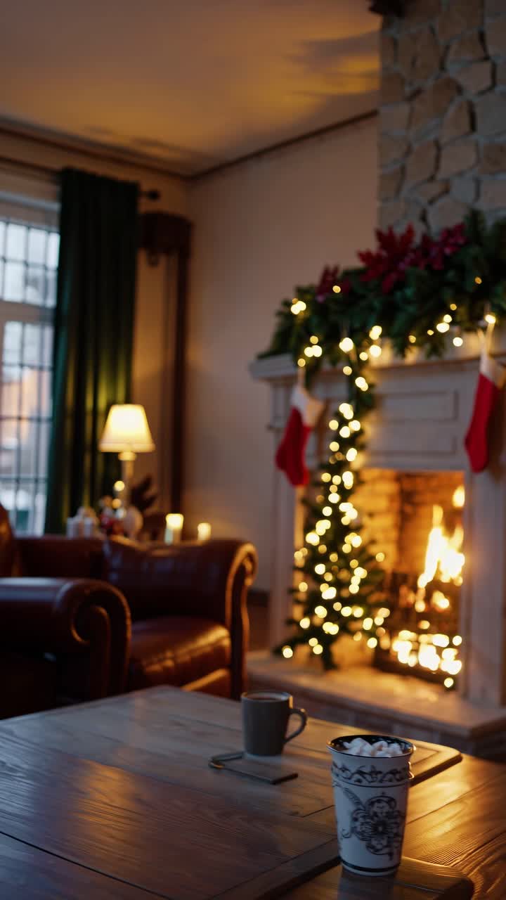 Cozy living room with a decorated fireplace, shot from a low angle