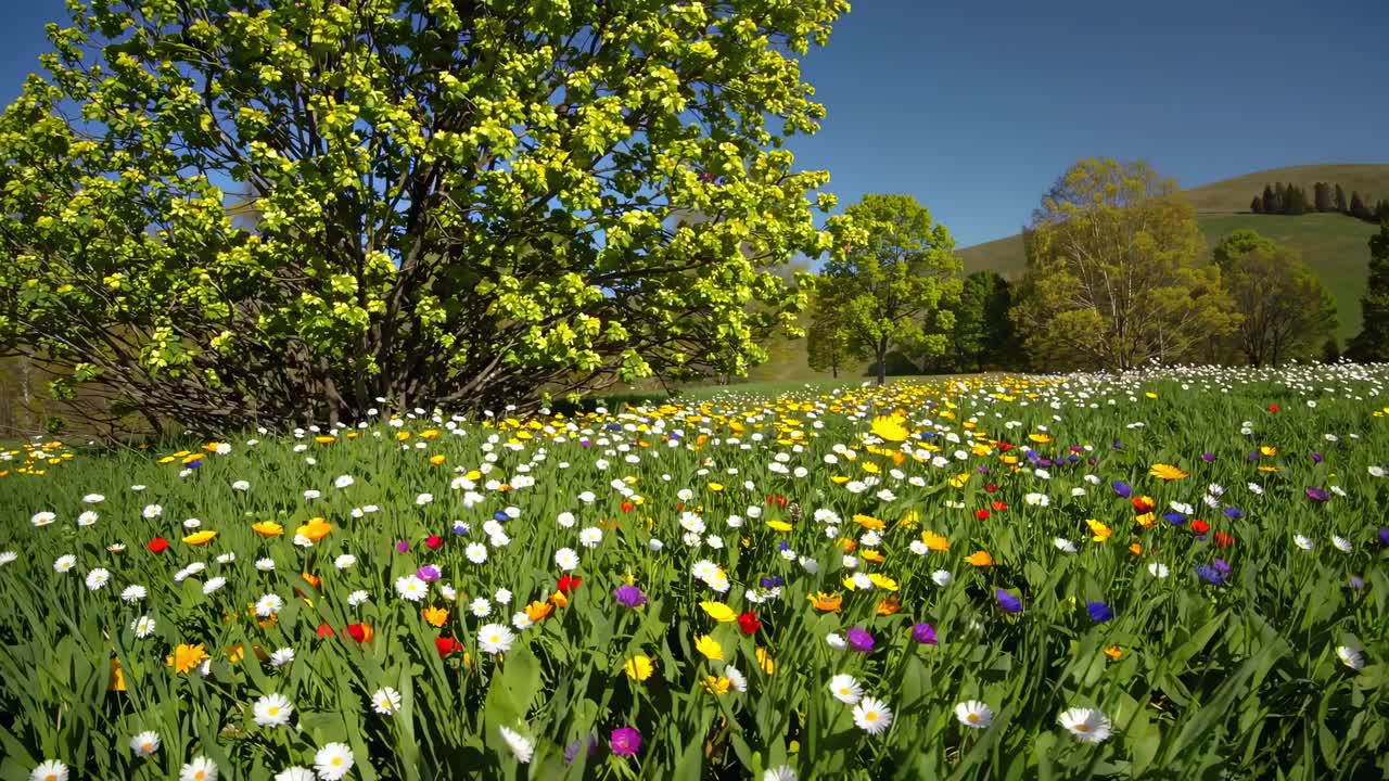 Prato colorato con fiori sbocciati e alberi