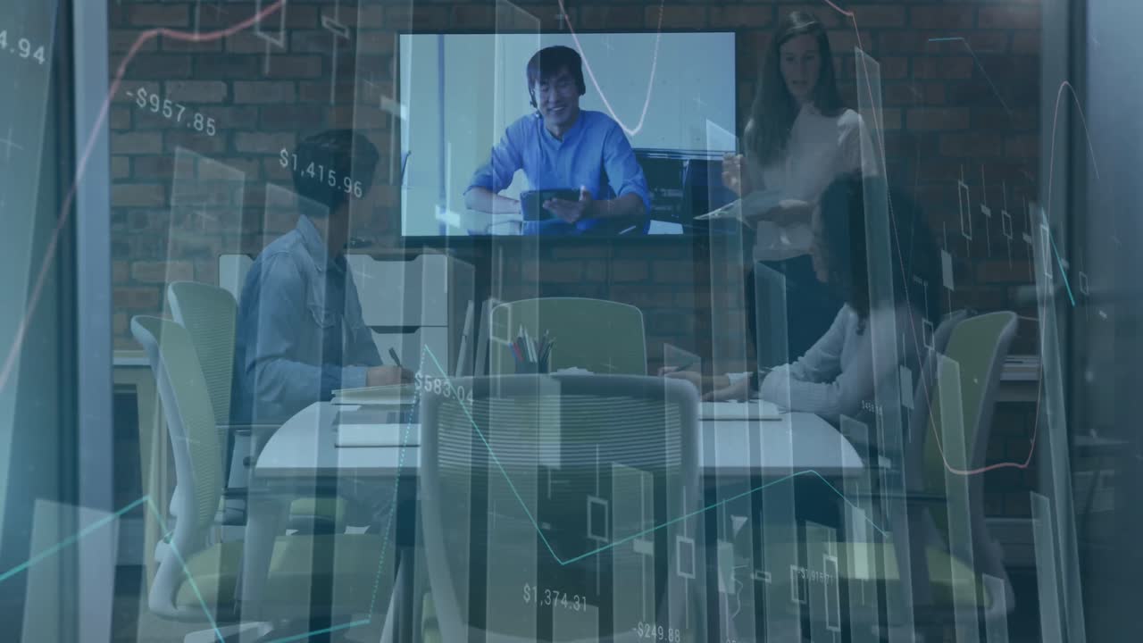 사무실에서 회의를 가진 다양한 사업가들에 대한 금융 데이터 처리의 애니메이션
