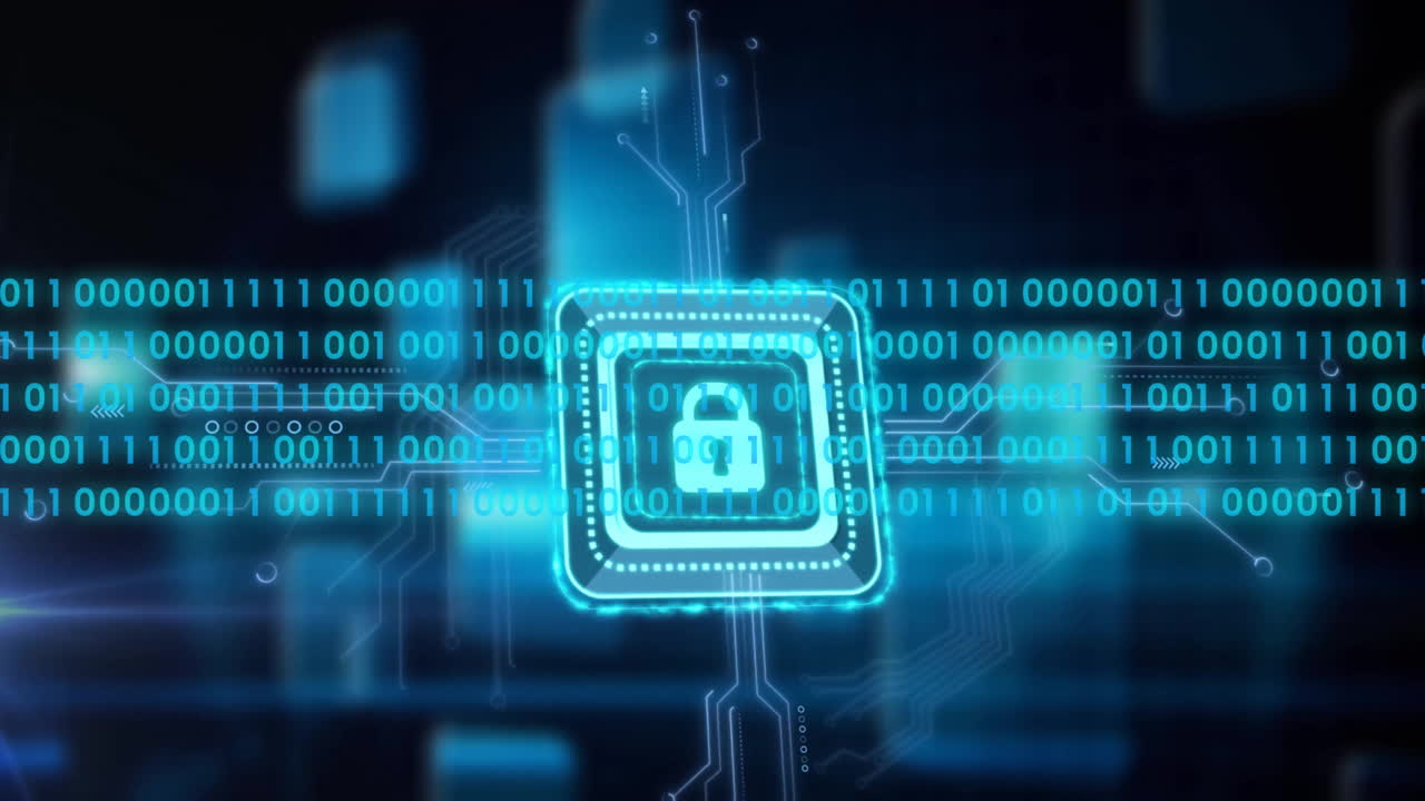 Animation of padlock icon, binary coding data processing over circuit board