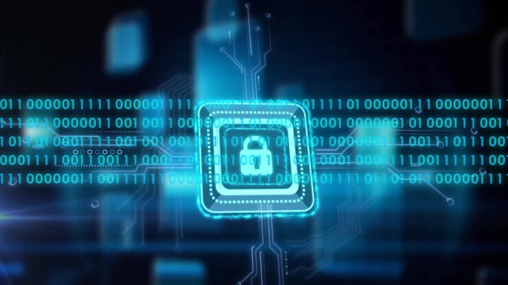 Animation of padlock icon, binary coding data processing over circuit board