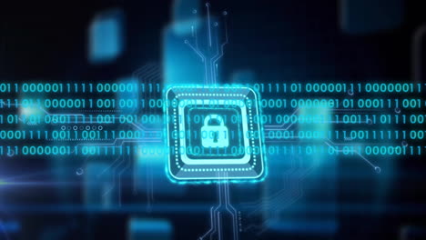 animation of padlock icon, binary coding data processing over circuit board