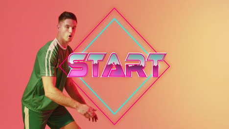 animación del texto de inicio con formas sobre jugador de fútbol caucásico masculino pateando la pelota
