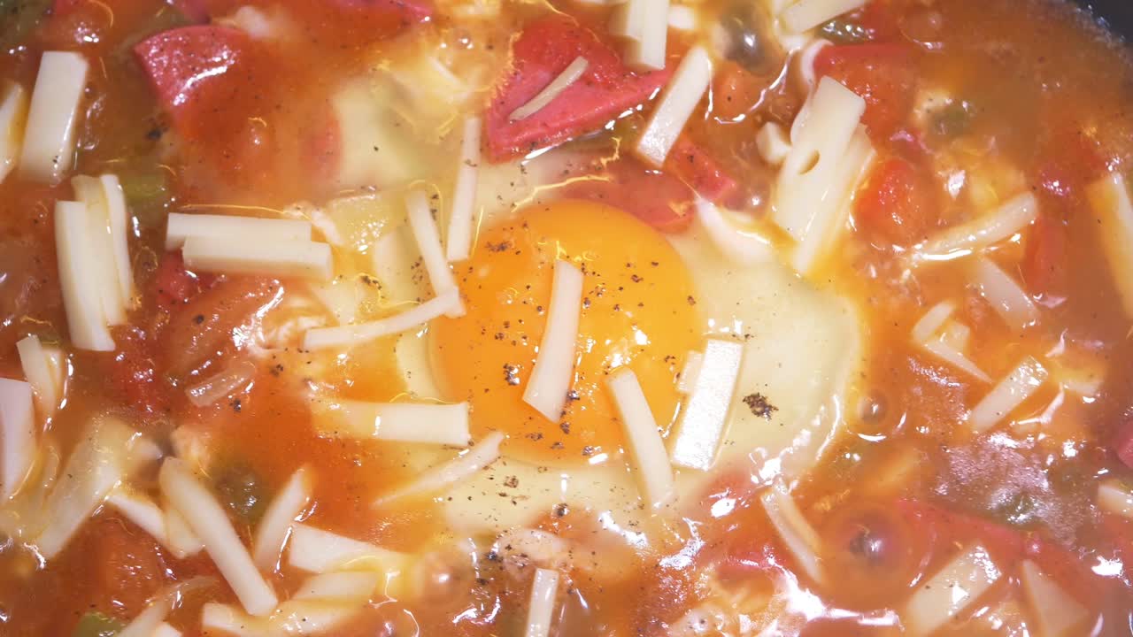 Fried Egg with Tomato Sauce, Sausage, and Cheese