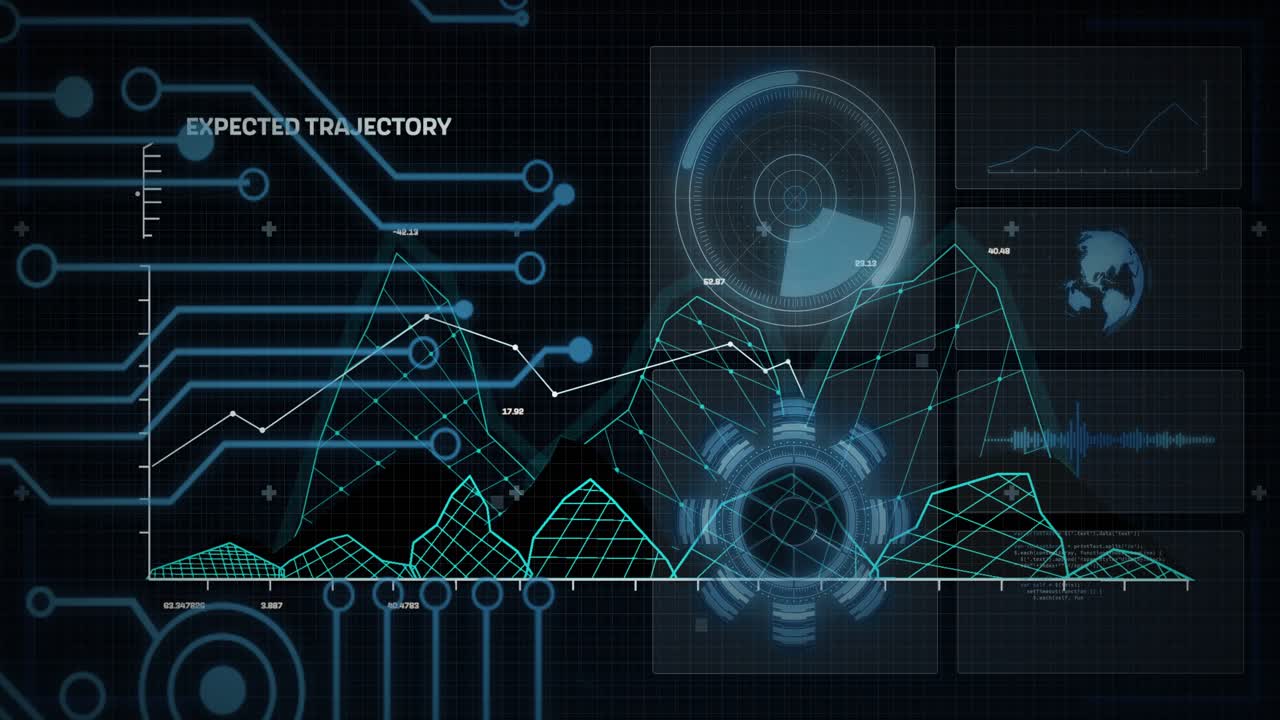Circuit traces lighting triggers mesh rising, HUD rotating and filling, showing expected trajectory