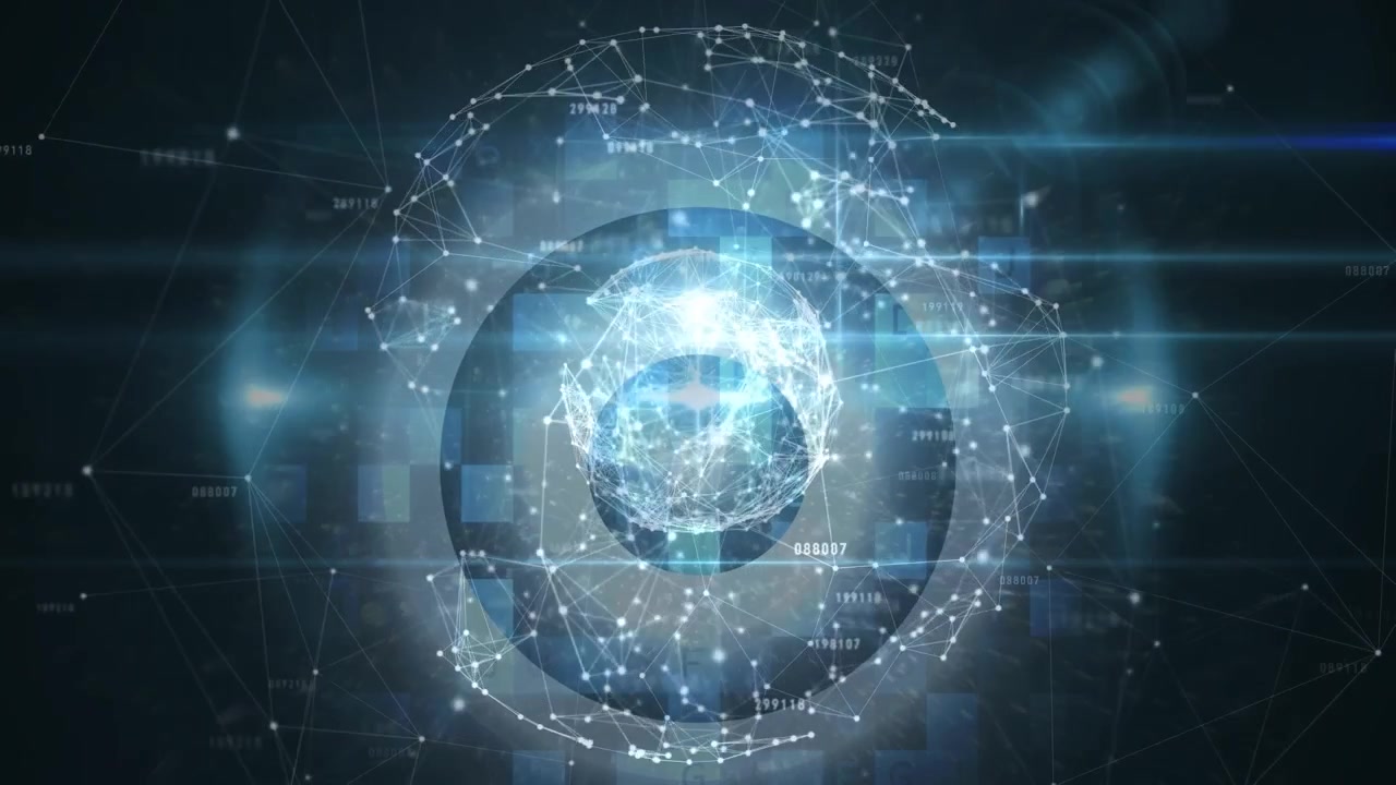 Animation of globe of connections over data processing on black background