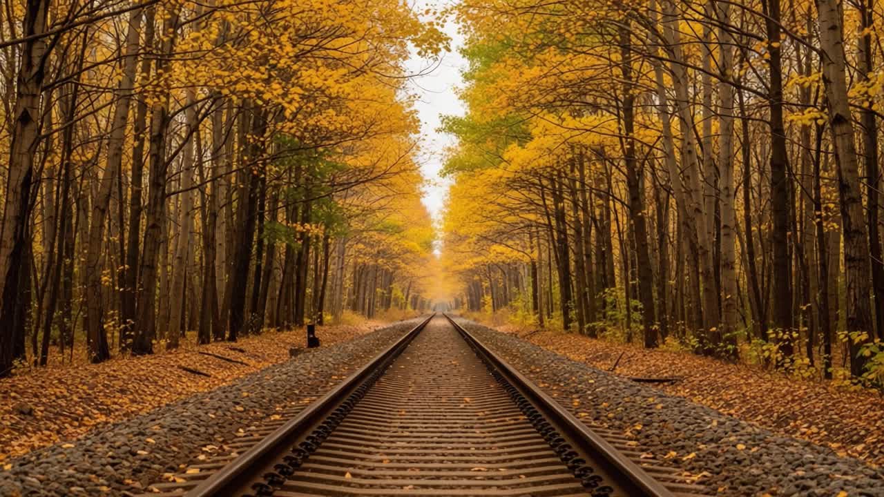 A Serene Autumn Landscape with Golden Leaves Framing a Peaceful Train Track Pathway Surrounded by Vibrant Forests, Capturing the Essence of Nature's Beauty in Fall
