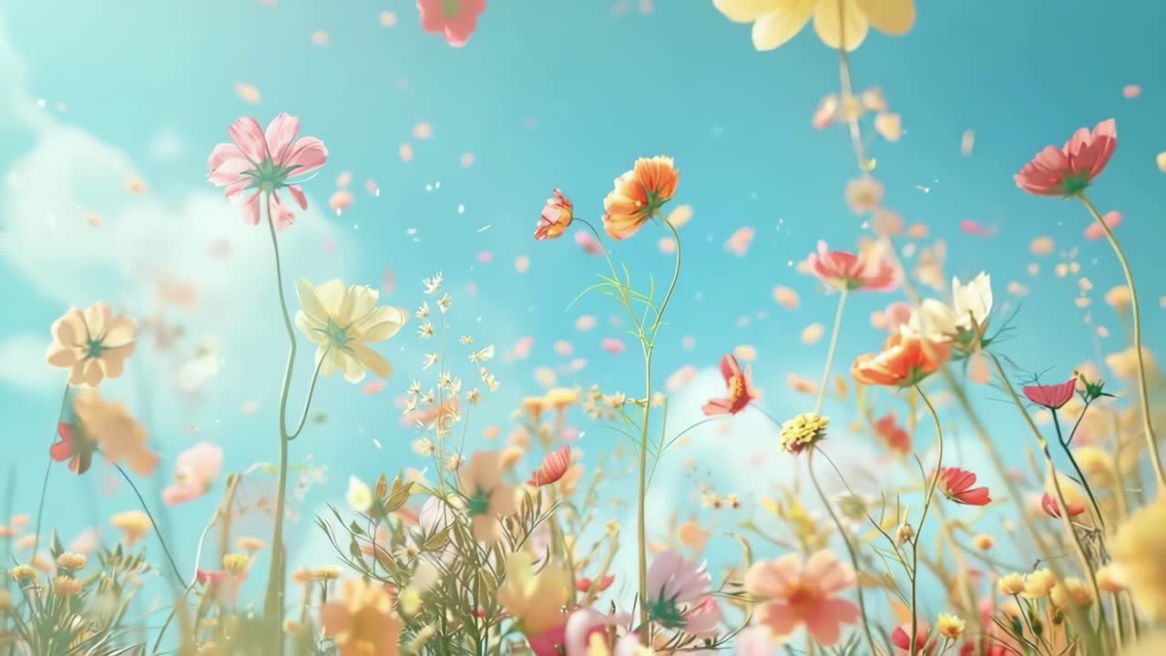 Low-angle video capturing vibrant wildflowers against a bright blue sky, creating a dreamy