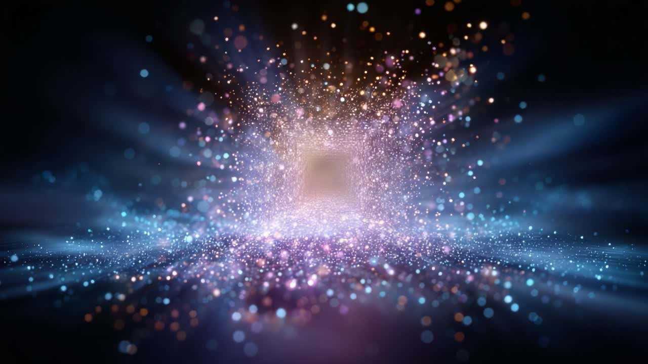 Una visualizzazione straordinaria di luce e particelle che creano un portale cosmico vivace, mettendo in mostra una fusione di colori e texture in uno spazio digitale dinamico