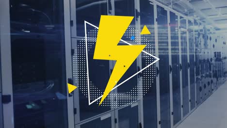 animation of thunder icon on geometric shapes and computer language over data server room