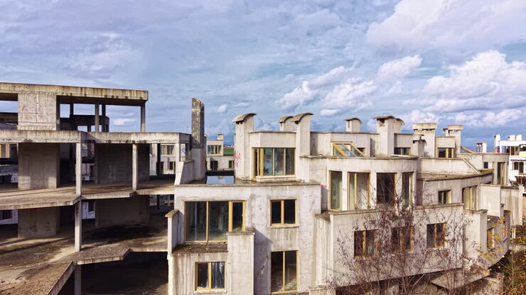 Strutture di cemento abbandonate si ergono contro un cielo suggestivo in un paesaggio urbano desolato