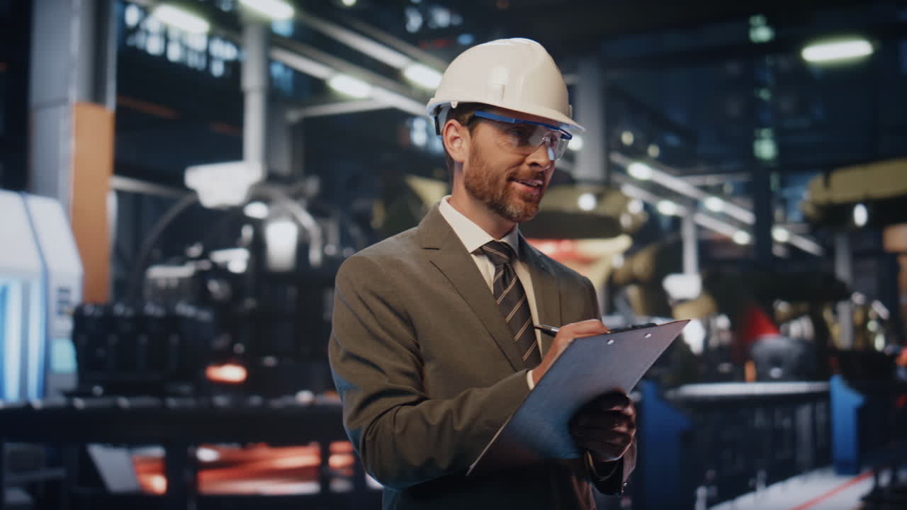 Happy factory inspector checklist making notes examining production close up.