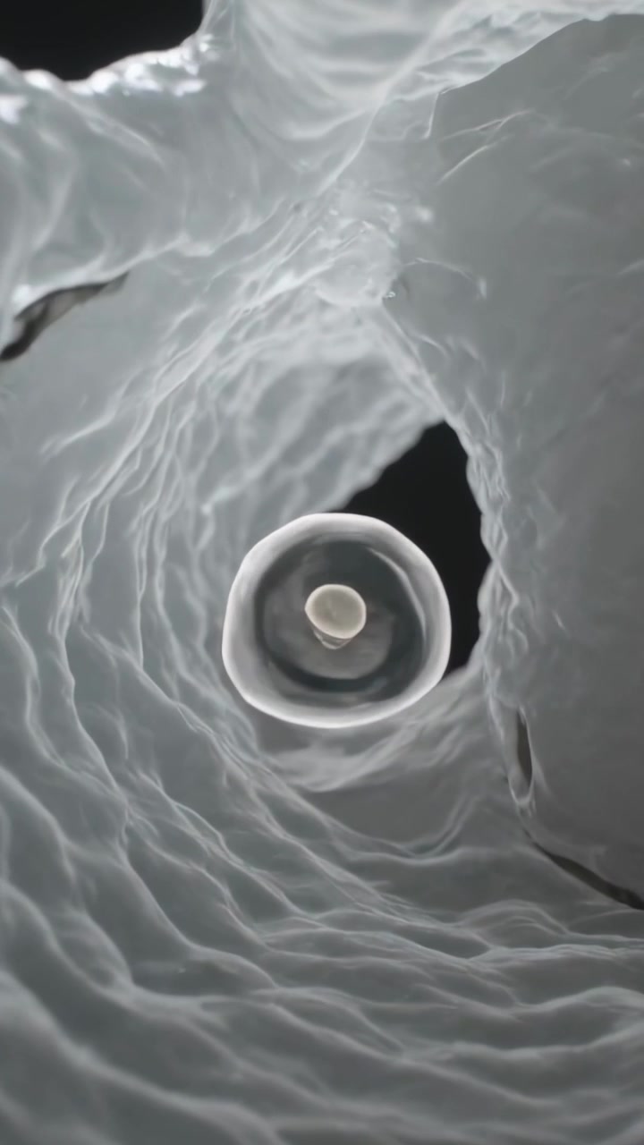 Video verticale: Sfera traslucida che scivola con un nucleo che si muove lungo un tubo scanalato verso il vuoto dopo una spinta.